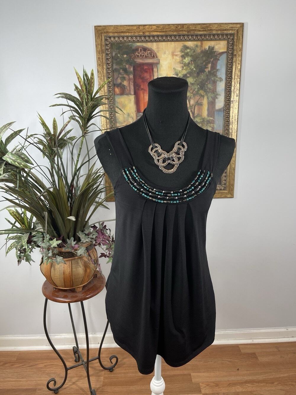 B-Wear Byer California Medium Black Beaded Sleeveless Stretch Tank Top Fairycore